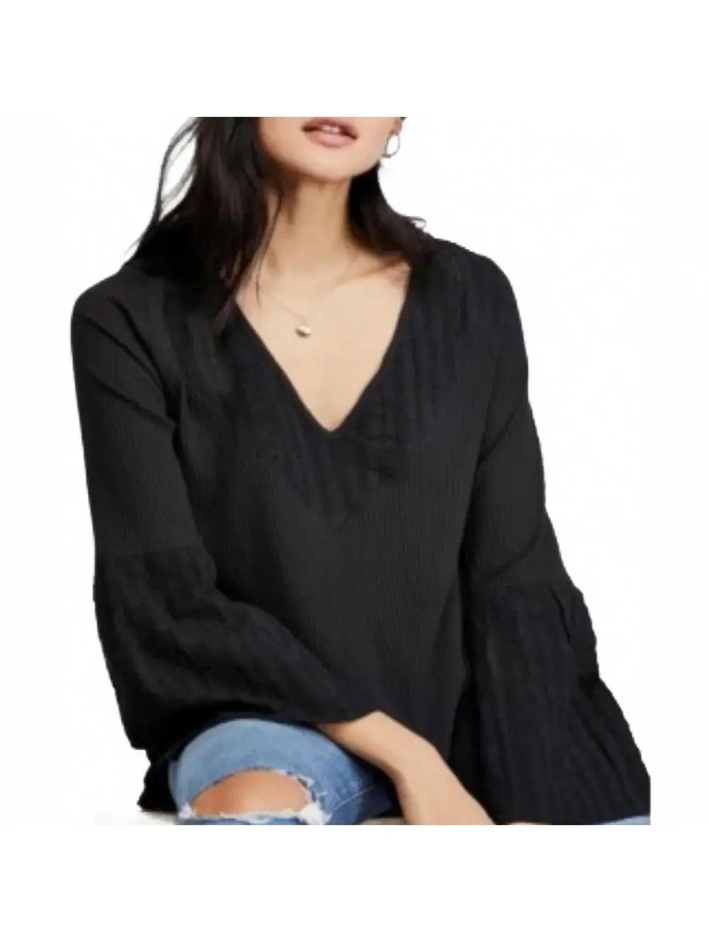 Free People Black V-Neck Sweater with Balloon Sleeves Size XS